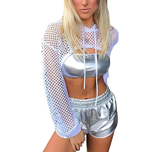 ORANDESIGNE Damen Transparent Tops mit Kapuzen Bauchfrei Netz Oberteil Langarm Netz-Shirt Crop Top Unterhemd Dessous Unterwäsche Clubwear von ORANDESIGNE