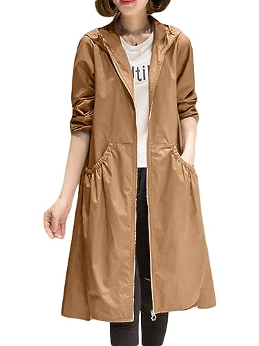 ORANDESIGNE Damen Trenchcoat mit Kapuze und Reißverschluss Langer Windjacke Lässige Leicht Parka Jacke Winddichter Mantel Cardigan Frühling Herbst Übergangjacke mit Taschen A Braun XXL von ORANDESIGNE