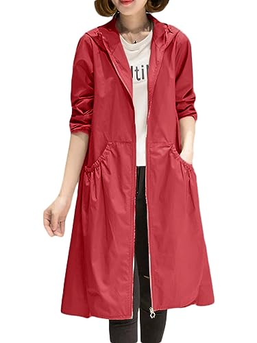ORANDESIGNE Damen Trenchcoat mit Kapuze und Reißverschluss Langer Windjacke Lässige Leicht Parka Jacke Winddichter Mantel Cardigan Frühling Herbst Übergangjacke mit Taschen A Rot M von ORANDESIGNE
