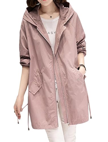 ORANDESIGNE Damen Trenchcoat mit Kapuze und Reißverschluss Langer Windjacke Lässige Leicht Parka Jacke Winddichter Mantel Cardigan Frühling Herbst Übergangjacke mit Taschen B Rosa XL von ORANDESIGNE