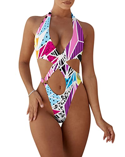 ORANDESIGNE Damen Triangel Bikini String Badeanzug Monokini Neckholder Bauchweg Tiefer Micro Thong Einteilige Cutout Swimsuit Eng Bademode Strandmode Push Up Schwimmanzug A 05 S von ORANDESIGNE