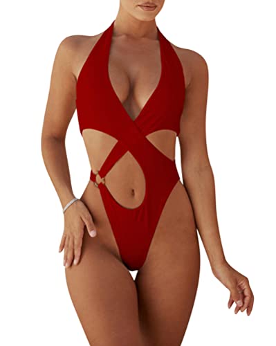 ORANDESIGNE Damen Triangel Bikini String Badeanzug Monokini Neckholder Bauchweg Tiefer Micro Thong Einteilige Cutout Swimsuit Eng Bademode Strandmode Push Up Schwimmanzug A Rot M von ORANDESIGNE