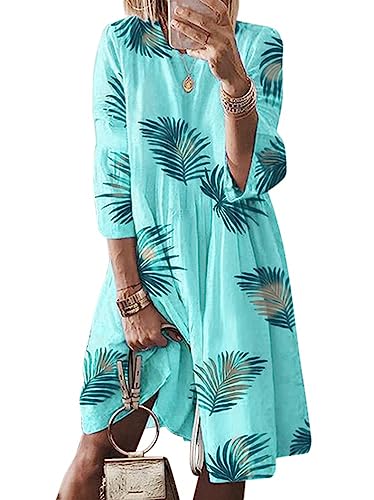 ORANDESIGNE Damen Tunika Kleid 3/4 Ärmel Rundhalsausschnitt Fransen Blumendruck Strandkleid Boho Tunika Sommerkleid Blumenkleid Lose A-Linie 3/4-Arm Tunika Mini Kleider Z2 Hellblau XXL von ORANDESIGNE