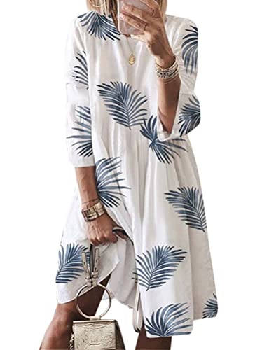 ORANDESIGNE Damen Tunika Kleid 3/4 Ärmel Rundhalsausschnitt Fransen Blumendruck Strandkleid Boho Tunika Sommerkleid Blumenkleid Lose A-Linie 3/4-Arm Tunika Mini Kleider Z2 Weiß XL von ORANDESIGNE