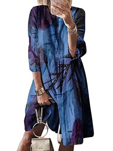 ORANDESIGNE Damen Tunika Kleid 3/4 Ärmel Rundhalsausschnitt Fransen Blumendruck Strandkleid Boho Tunika Sommerkleid Blumenkleid Lose A-Linie 3/4-Arm Tunika Mini Kleider Z3 Blau 3XL von ORANDESIGNE