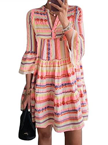 ORANDESIGNE Damen Tunikakleid Boho Strandkleid Langarm Kurzarm Tunika Sommerkleid V-Ausschnitt Kleid Lose Blumenkleid Floral Minikleid C Gelb XL von ORANDESIGNE