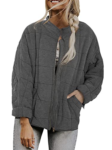 ORANDESIGNE Damen Übergangsjacke Leichte Steppjacke Herbst Bomberjacke Stehkragen Steppjacke Reißverschluss Outdoor Kurz Coat Herbst Frühling Jacket A dunkelgrau XXL von ORANDESIGNE