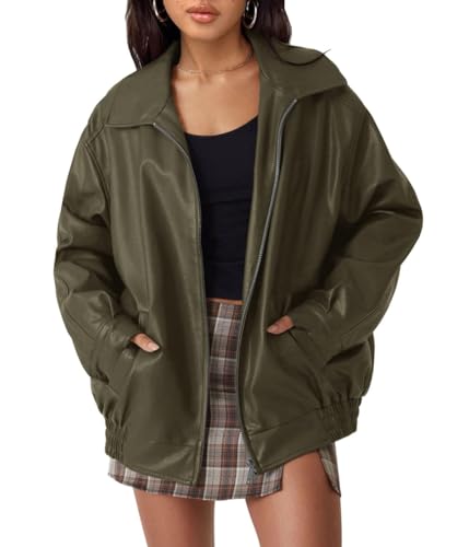 ORANDESIGNE Damen Übergroße Jacken Kunstleder Motorrad Mäntel Moto Jacken Biker Mantel Herbst Outfits Mode Kleidung Reißverschluss Langarm PU Leder Mantel A Armeegrün XL von ORANDESIGNE