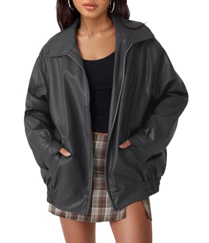 ORANDESIGNE Damen Übergroße Jacken Kunstleder Motorrad Mäntel Moto Jacken Biker Mantel Herbst Outfits Mode Kleidung Reißverschluss Langarm PU Leder Mantel A Dunkelgrau XL von ORANDESIGNE