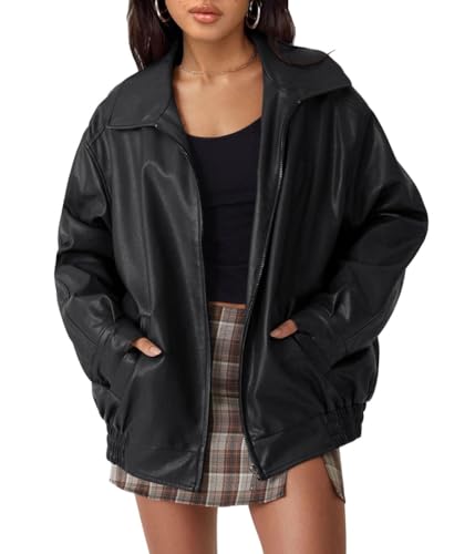 ORANDESIGNE Damen Übergroße Jacken Kunstleder Motorrad Mäntel Moto Jacken Biker Mantel Herbst Outfits Mode Kleidung Reißverschluss Langarm PU Leder Mantel A Schwarz L von ORANDESIGNE