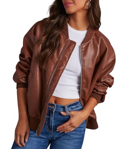 ORANDESIGNE Damen Übergroße Jacken Kunstleder Motorrad Mäntel Moto Jacken Biker Mantel Herbst Outfits Mode Kleidung Reißverschluss Langarm PU Leder Mantel B Braun M von ORANDESIGNE
