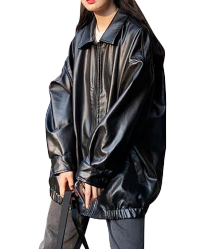 ORANDESIGNE Damen Übergroße Jacken Kunstleder Motorrad Mäntel Moto Jacken Biker Mantel Herbst Outfits Mode Kleidung Reißverschluss Langarm PU Leder Mantel E Schwarz M von ORANDESIGNE