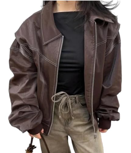 ORANDESIGNE Damen Übergroße Jacken Kunstleder Motorrad Mäntel Moto Jacken Biker Mantel Herbst Outfits Mode Kleidung Reißverschluss Langarm PU Leder Mantel F Braun S von ORANDESIGNE
