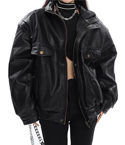 ORANDESIGNE Damen Übergroße Jacken Kunstleder Motorrad Mäntel Moto Jacken Biker Mantel Herbst Outfits Mode Kleidung Reißverschluss Langarm PU Leder Mantel H Schwarz M von ORANDESIGNE