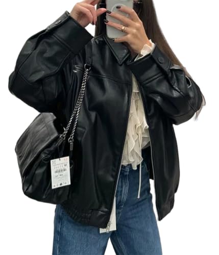 ORANDESIGNE Damen Übergroße Jacken Kunstleder Motorrad Mäntel Moto Jacken Biker Mantel Herbst Outfits Mode Kleidung Reißverschluss Langarm PU Leder Mantel I Schwarz L von ORANDESIGNE
