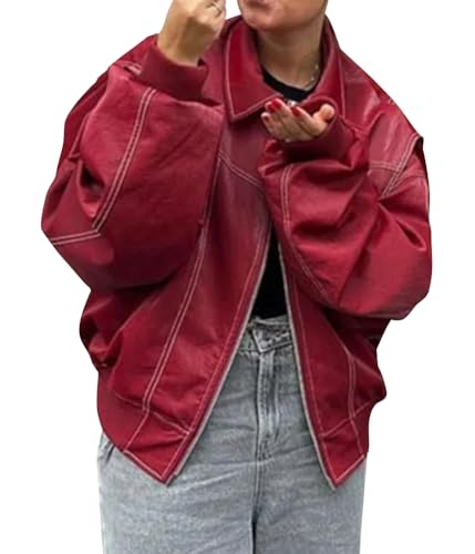ORANDESIGNE Damen Übergroße Jacken Kunstleder Motorrad Mäntel Moto Jacken Biker Mantel Herbst Outfits Mode Kleidung Reißverschluss Langarm PU Leder Mantel L F Rot von ORANDESIGNE
