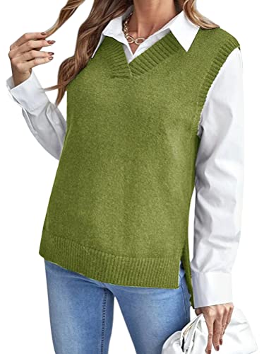 ORANDESIGNE Damen V-Ausschnitt Ärmellose Einfarbig Kariert Stricken Weste Pullunder Strickweste Casual Strick Tank Top Sweater Mädchen Winter Herbst H Grün L von ORANDESIGNE