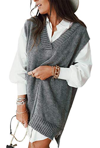 ORANDESIGNE Damen V-Ausschnitt Ärmellose Einfarbig Kariert Stricken Weste Pullunder Strickweste Casual Strick Tank Top Sweater Mädchen Winter Herbst Preppy Style Argyle A Grau L von ORANDESIGNE
