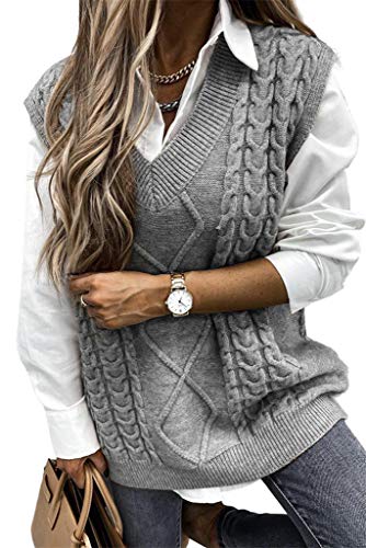 ORANDESIGNE Damen V-Ausschnitt Ärmellose Einfarbig Kariert Stricken Weste Pullunder Strickweste Casual Strick Tank Top Sweater Mädchen Winter Herbst Preppy Style Argyle B Grau M von ORANDESIGNE