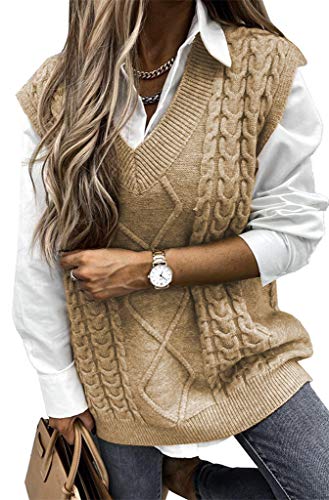 ORANDESIGNE Damen V-Ausschnitt Ärmellose Einfarbig Kariert Stricken Weste Pullunder Strickweste Casual Strick Tank Top Sweater Mädchen Winter Herbst Preppy Style Argyle B Khaki XL von ORANDESIGNE