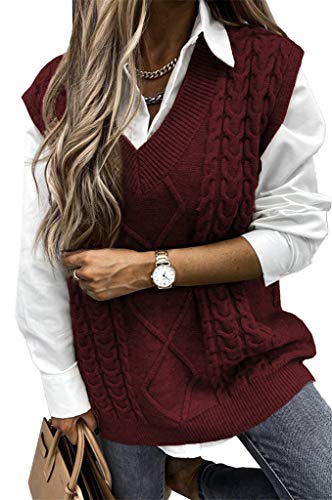 ORANDESIGNE Damen V-Ausschnitt Ärmellose Einfarbig Kariert Stricken Weste Pullunder Strickweste Casual Strick Tank Top Sweater Mädchen Winter Herbst Preppy Style Argyle B Rot M von ORANDESIGNE