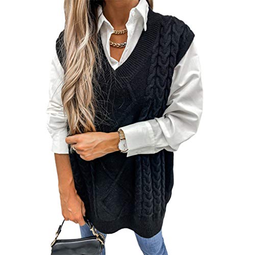 ORANDESIGNE Damen V-Ausschnitt Ärmellose Einfarbig Kariert Stricken Weste Pullunder Strickweste Casual Strick Tank Top Sweater Mädchen Winter Herbst Preppy Style Argyle B Schwarz XXL von ORANDESIGNE