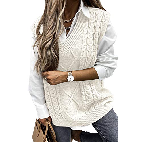 ORANDESIGNE Damen V-Ausschnitt Ärmellose Einfarbig Kariert Stricken Weste Pullunder Strickweste Casual Strick Tank Top Sweater Mädchen Winter Herbst Preppy Style Argyle B Weiß XL von ORANDESIGNE