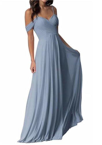 ORANDESIGNE Damen V-Ausschnitt Abendkleid A-Linie Chiffon Off Shoulder Brautjungfernkleid Elegant Lange Partykleider Spaghettiträger Hochzeitsgastkleid Abschlusskleid Ballkleid A Graublau XL von ORANDESIGNE