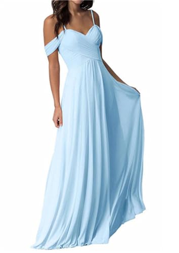 ORANDESIGNE Damen V-Ausschnitt Abendkleid A-Linie Chiffon Off Shoulder Brautjungfernkleid Elegant Lange Partykleider Spaghettiträger Hochzeitsgastkleid Abschlusskleid Ballkleid A Hellblau M von ORANDESIGNE