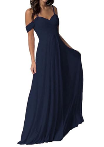 ORANDESIGNE Damen V-Ausschnitt Abendkleid A-Linie Chiffon Off Shoulder Brautjungfernkleid Elegant Lange Partykleider Spaghettiträger Hochzeitsgastkleid Abschlusskleid Ballkleid A Marine M von ORANDESIGNE
