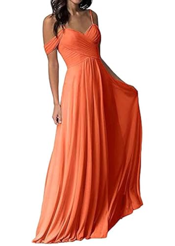 ORANDESIGNE Damen V-Ausschnitt Abendkleid A-Linie Chiffon Off Shoulder Brautjungfernkleid Elegant Lange Partykleider Spaghettiträger Hochzeitsgastkleid Abschlusskleid Ballkleid A Orange L von ORANDESIGNE