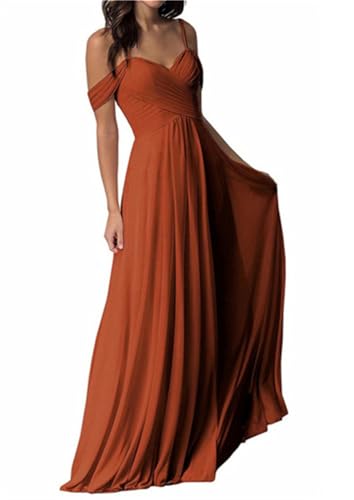 ORANDESIGNE Damen V-Ausschnitt Abendkleid A-Linie Chiffon Off Shoulder Brautjungfernkleid Elegant Lange Partykleider Spaghettiträger Hochzeitsgastkleid Abschlusskleid Ballkleid A Tiefes Orange L von ORANDESIGNE