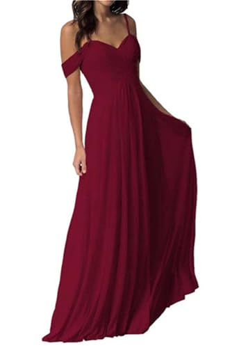 ORANDESIGNE Damen V-Ausschnitt Abendkleid A-Linie Chiffon Off Shoulder Brautjungfernkleid Elegant Lange Partykleider Spaghettiträger Hochzeitsgastkleid Abschlusskleid Ballkleid A Weinrot M von ORANDESIGNE