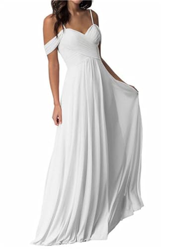 ORANDESIGNE Damen V-Ausschnitt Abendkleid A-Linie Chiffon Off Shoulder Brautjungfernkleid Elegant Lange Partykleider Spaghettiträger Hochzeitsgastkleid Abschlusskleid Ballkleid A Weiß L von ORANDESIGNE