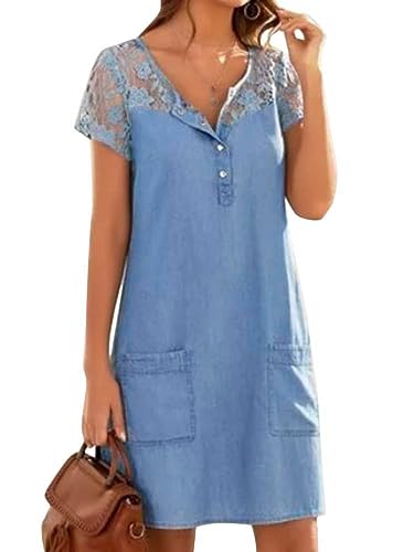 ORANDESIGNE Damen V-Ausschnitt Blusenkleid Hemdkleid Jeanskleider Kurzarm Knopf Shirtkleid Denim Dress A03-XL von ORANDESIGNE