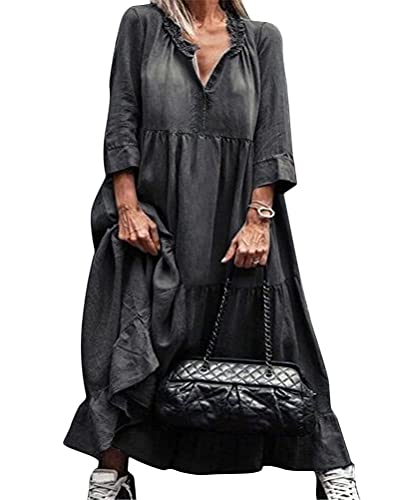 ORANDESIGNE Damen V-Ausschnitt Jeanskleider Denimkleid Sommer Kleid Lose Kurzarm Partykleid Tunika Hemd Blusenkleid Jeanskleid Maxi Kleid E Schwarz 48 von ORANDESIGNE