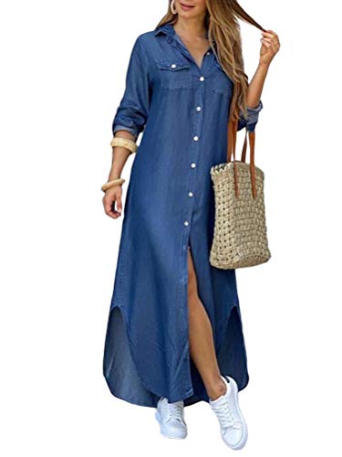 ORANDESIGNE Damen V-Ausschnitt Jeanskleider Denimkleid Sommerkleid Lose Kurzarm Partykleid Tunika Hemd Blusenkleid Jeanskleid Maxi Kleid C Blau 42 von ORANDESIGNE