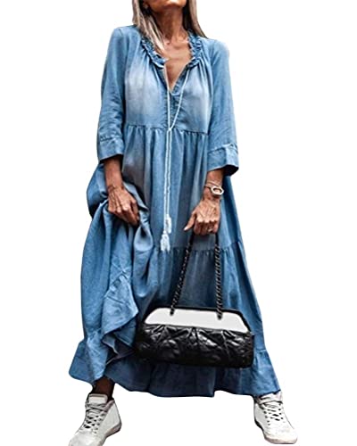 ORANDESIGNE Damen V-Ausschnitt Jeanskleider Denimkleid Sommerkleid Lose Kurzarm Partykleid Tunika Hemd Blusenkleid Jeanskleid Maxi Kleid Casual E Blau 48 von ORANDESIGNE