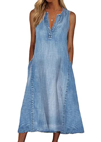 ORANDESIGNE Damen V-Ausschnitt Jeanskleider Denimkleid Sommerkleid Lose Kurzarm Partykleid Tunika Hemd Blusenkleid Jeanskleid Maxi Kleid I Blau 42 von ORANDESIGNE