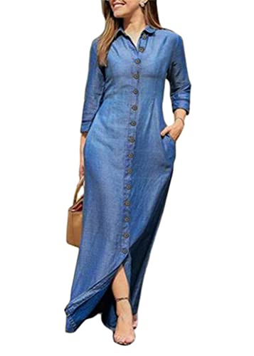 ORANDESIGNE Damen V-Ausschnitt Jeanskleider Denimkleid Sommerkleid Lose Kurzarm Partykleid Tunika Hemd Blusenkleid Jeanskleid Maxi Kleid J Blau 46 von ORANDESIGNE