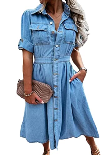 ORANDESIGNE Damen V-Ausschnitt Jeanskleider Denimkleid Sommerkleid Lose Kurzarm Partykleid Tunika Hemd Blusenkleid Jeanskleid Maxi Kleid N Blau 48 ORANDESIGNE Damen V-Ausschnitt Jeanskleider Denimkleid Sommerkleid Lose Kurzarm Partykleid Tunika Hemd Blusenkleid Jeanskleid Maxi Kleid N Blau 48 von ORANDESIGNE