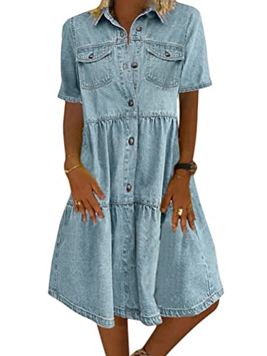 ORANDESIGNE Damen V-Ausschnitt Jeanskleider Denimkleid Sommerkleid Lose Kurzarm Partykleid Tunika Hemd Blusenkleid Jeanskleid Maxi Kleid Z1 Blau 40 von ORANDESIGNE