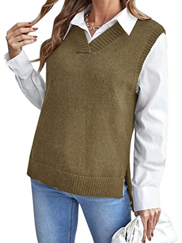 ORANDESIGNE Damen V-Ausschnitt Stricken Weste Pullunder Ärmellos Strick Casual Strickweste Einfarbig Casual Strick Tank Top Sweater für Business Freizeit Ärmelloser Herbst Winter H Khaki XXL von ORANDESIGNE