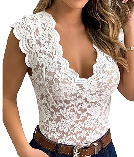 ORANDESIGNE Damen V-Ausschnitt Top mit Spitzen Elegant Spitze Bluse Ärmellose Oberteile Sommer Spitzenspitze Tunika Bluse Tops Sexy Spitzeblusen Tank Top Casual Tops Weste B Weiß S von ORANDESIGNE