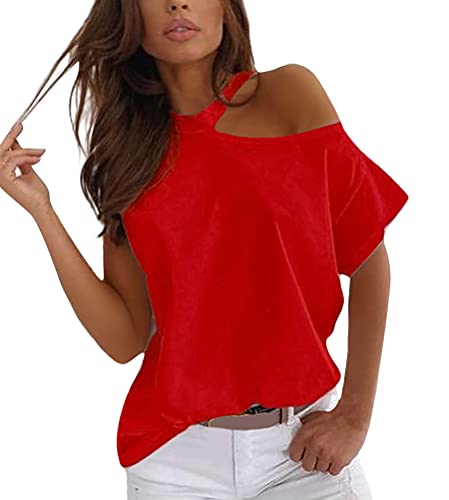 ORANDESIGNE Damen Valentinstag Kurzarm T-Shirt Herzmuster Drucken Langarmshirt Sexy Schulterfrei Oberteile Casual Grafikdruck Pullover Tunika Tops H Rot M von ORANDESIGNE