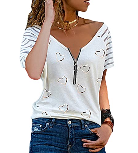 ORANDESIGNE Damen Valentinstag Kurzarm T-Shirt Herzmuster Drucken Langarmshirt Sexy Schulterfrei Oberteile Casual Grafikdruck Pullover Tunika Tops J Weiß M von ORANDESIGNE