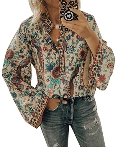 ORANDESIGNE Damen Vintage Bohemian Blusen Hippie Blumen Bluse Boho Tunika Elegante Oberteile Tops Langarm Shirt A Aprikose XXL von ORANDESIGNE