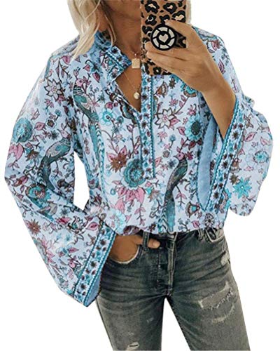 ORANDESIGNE Damen Vintage Bohemian Blusen Hippie Blumen Bluse Boho Tunika Elegante Oberteile Tops Langarm Shirt A Blau 3XL von ORANDESIGNE