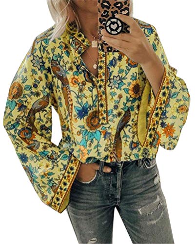 ORANDESIGNE Damen Vintage Bohemian Blusen Hippie Blumen Bluse Boho Tunika Elegante Oberteile Tops Langarm Shirt A Gelb XXL von ORANDESIGNE