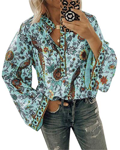 ORANDESIGNE Damen Vintage Bohemian Blusen Hippie Blumen Bluse Boho Tunika Elegante Oberteile Tops Langarm Shirt A Grün M von ORANDESIGNE